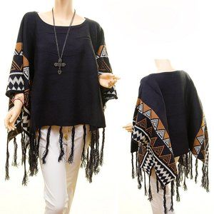 Western Aztec NAVY Wool Fringed Sweater Poncho